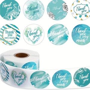 500- Thank You Stickers Roll - Teal and White